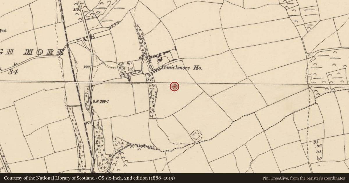 Ordnance Survey six-inch map, 2nd edition (1888–1915) covering the location of Enclosure, Donickmore, County Cork, with a pin at the register's coordinates