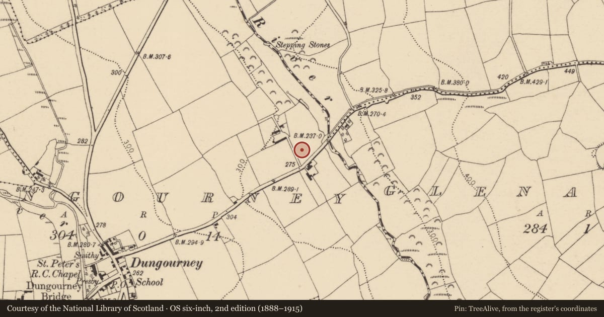 Ordnance Survey six-inch map, 2nd edition (1888–1915) covering the location of Souterrain, Dungourney, County Cork, with a pin at the register's coordinates
