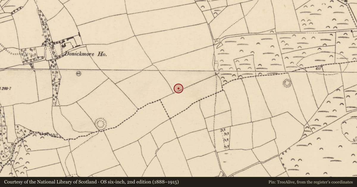 Ordnance Survey six-inch map, 2nd edition (1888–1915) covering the location of Bullaun stone, Donickmore, County Cork, with a pin at the register's coordinates