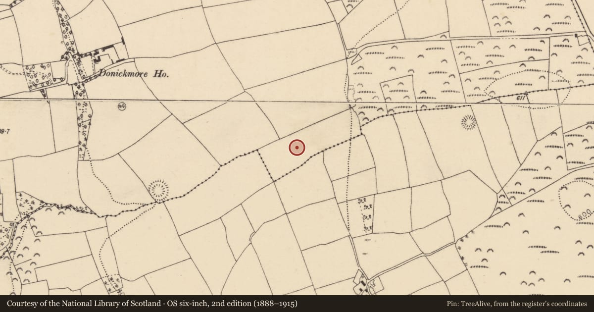 Ordnance Survey six-inch map, 2nd edition (1888–1915) covering the location of Fulacht fia, Donickmore, County Cork, with a pin at the register's coordinates