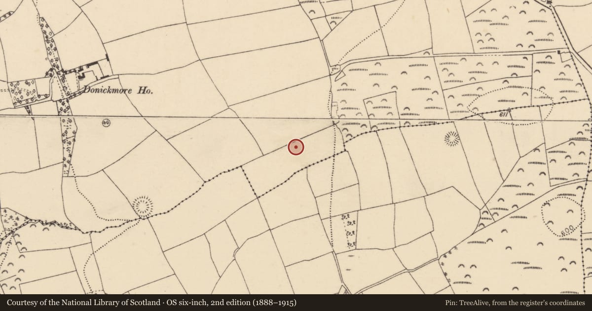 Ordnance Survey six-inch map, 2nd edition (1888–1915) covering the location of Fulacht fia, Donickmore, County Cork, with a pin at the register's coordinates