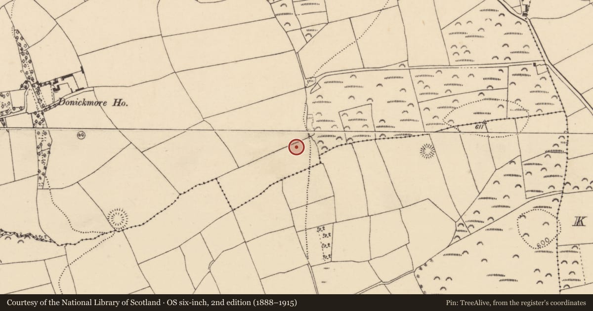 Ordnance Survey six-inch map, 2nd edition (1888–1915) covering the location of Fulacht fia, Donickmore, County Cork, with a pin at the register's coordinates