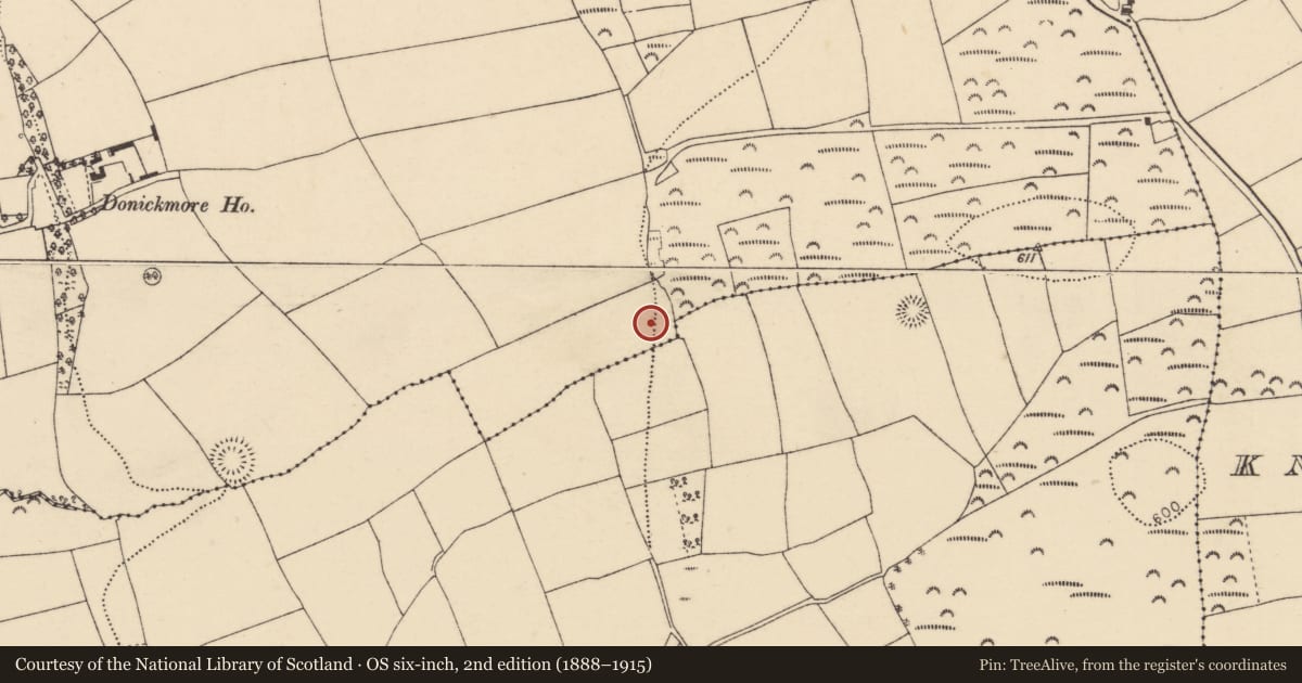 Ordnance Survey six-inch map, 2nd edition (1888–1915) covering the location of Fulacht fia, Donickmore, County Cork, with a pin at the register's coordinates