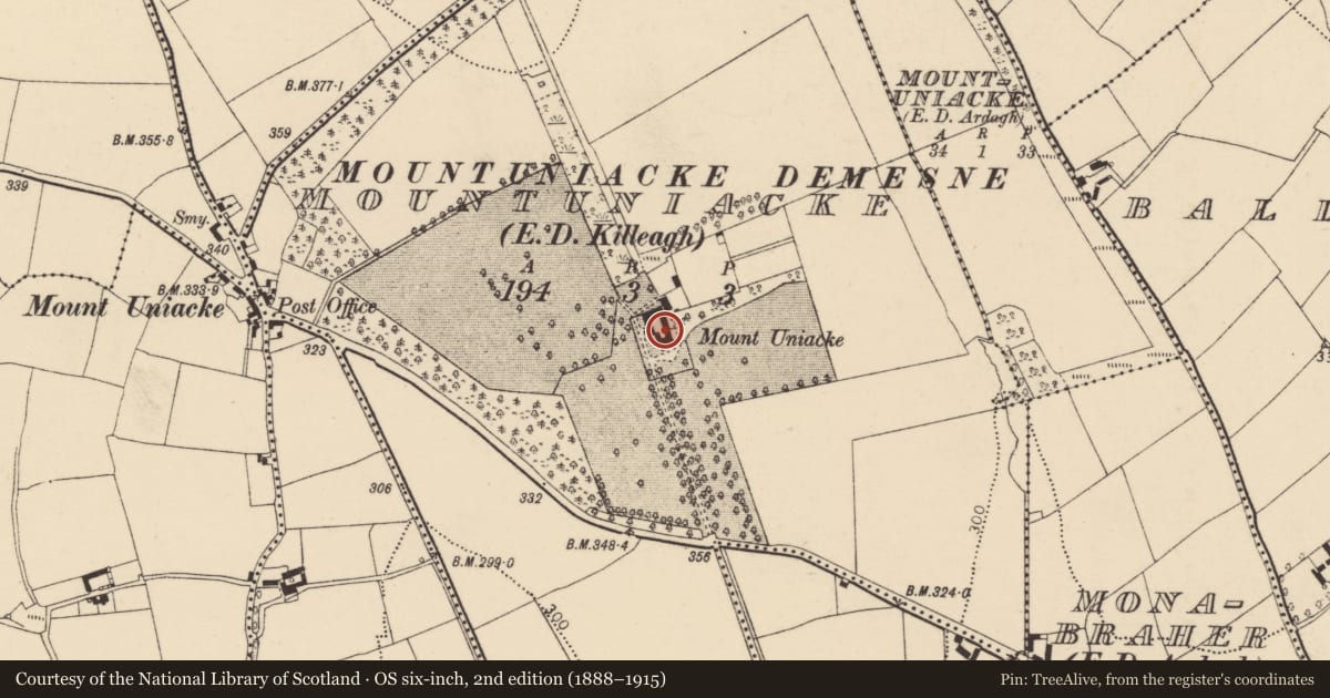 Ordnance Survey six-inch map, 2nd edition (1888–1915) covering the location of Country house, Mountuniacke, County Cork, with a pin at the register's coordinates