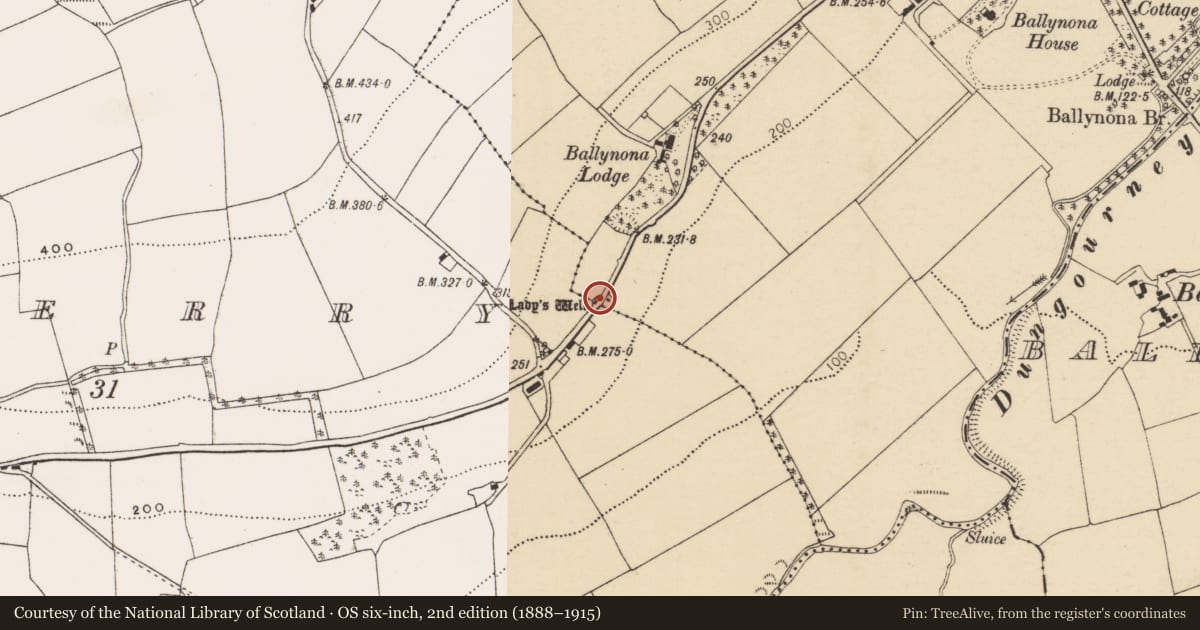 Ordnance Survey six-inch map, 2nd edition (1888–1915) covering the location of Ritual site - holy well, Bilberry, County Cork, with a pin at the register's coordinates
