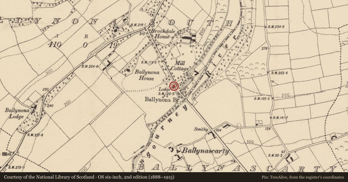 Ordnance Survey six-inch map, 2nd edition (1888–1915) covering the location of Gate lodge, Ballynona South, County Cork, with a pin at the register's coordinates
