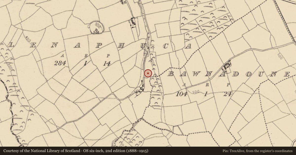 Ordnance Survey six-inch map, 2nd edition (1888–1915) covering the location of Burial ground, Glenaphuca, County Cork, with a pin at the register's coordinates