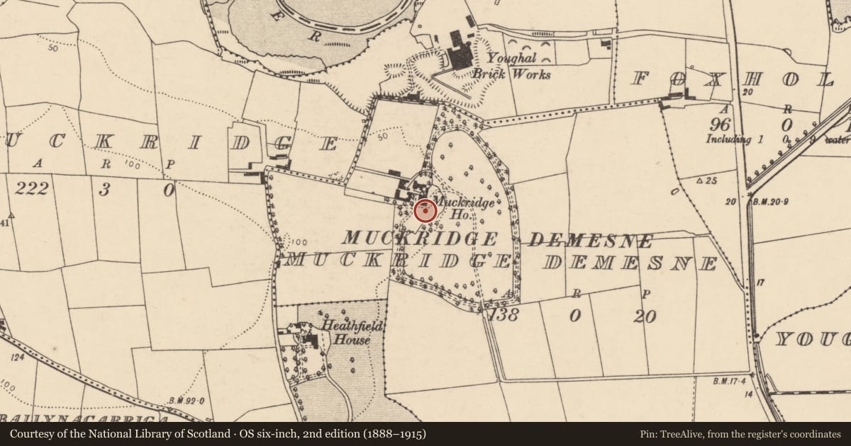 Ordnance Survey six-inch map, 2nd edition (1888–1915) covering the location of Country house, Muckridge Demesne, County Cork, with a pin at the register's coordinates