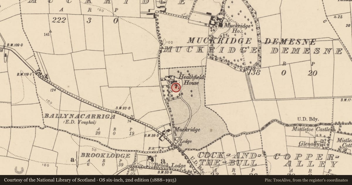 Ordnance Survey six-inch map, 2nd edition (1888–1915) covering the location of Country house, Muckridge, County Cork, with a pin at the register's coordinates