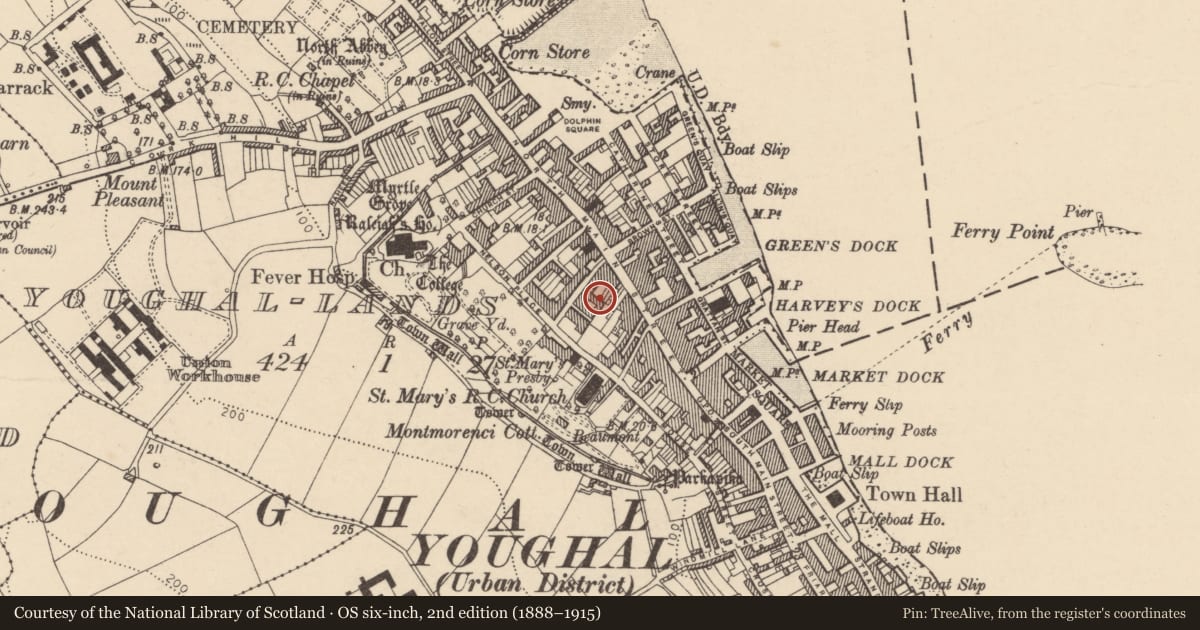 Ordnance Survey six-inch map, 2nd edition (1888–1915) covering the location of Town defences, Youghal-Lands, County Cork, with a pin at the register's coordinates