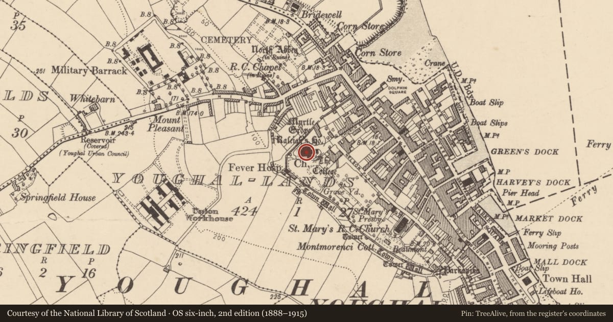 Ordnance Survey six-inch map, 2nd edition (1888–1915) covering the location of Church, Youghal-Lands, County Cork, with a pin at the register's coordinates