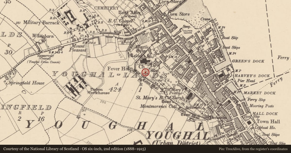 Ordnance Survey six-inch map, 2nd edition (1888–1915) covering the location of Graveyard, Youghal-Lands, County Cork, with a pin at the register's coordinates
