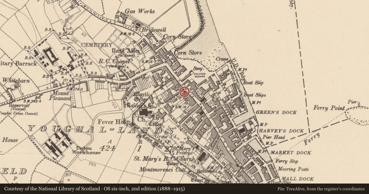 Ordnance Survey six-inch map, 2nd edition (1888–1915) covering the location of Almshouse, Youghal-Lands, County Cork, with a pin at the register's coordinates
