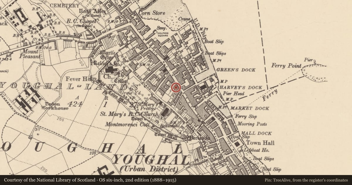 Ordnance Survey six-inch map, 2nd edition (1888–1915) covering the location of Religious house - Benedictine monks, Youghal-Lands, County Cork, with a pin at the register's coordinates
