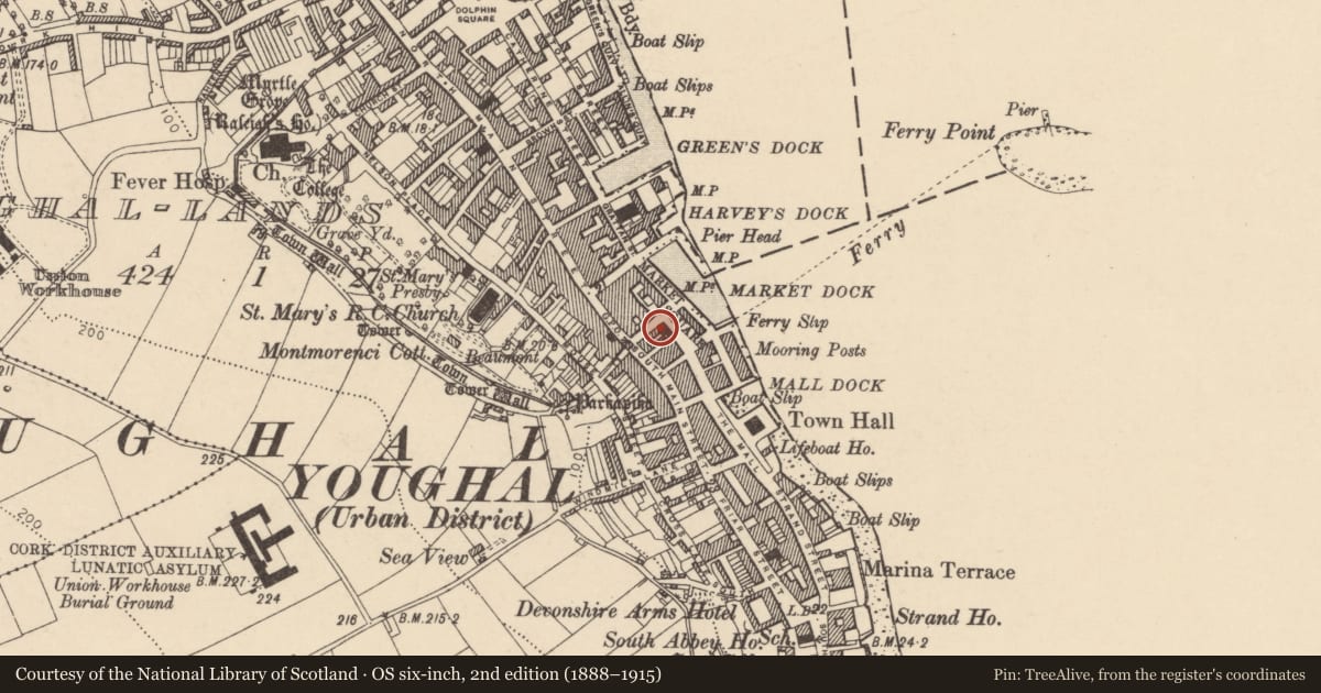 Ordnance Survey six-inch map, 2nd edition (1888–1915) covering the location of Courthouse, Youghal-Lands, County Cork, with a pin at the register's coordinates