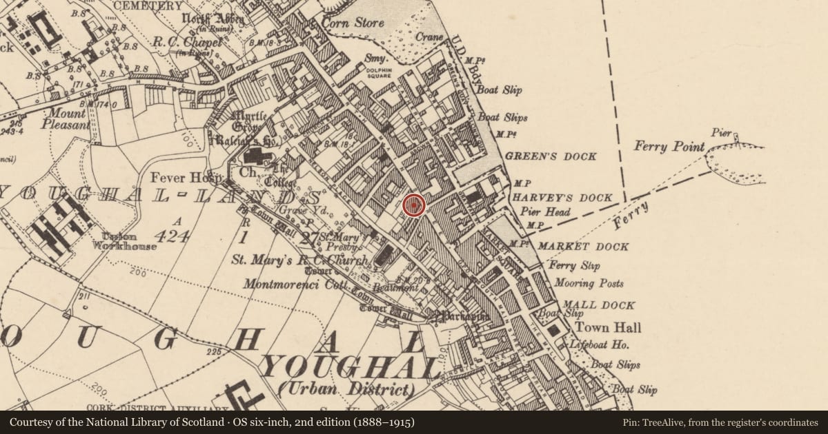 Ordnance Survey six-inch map, 2nd edition (1888–1915) covering the location of House - 17th century, Youghal-Lands, County Cork, with a pin at the register's coordinates