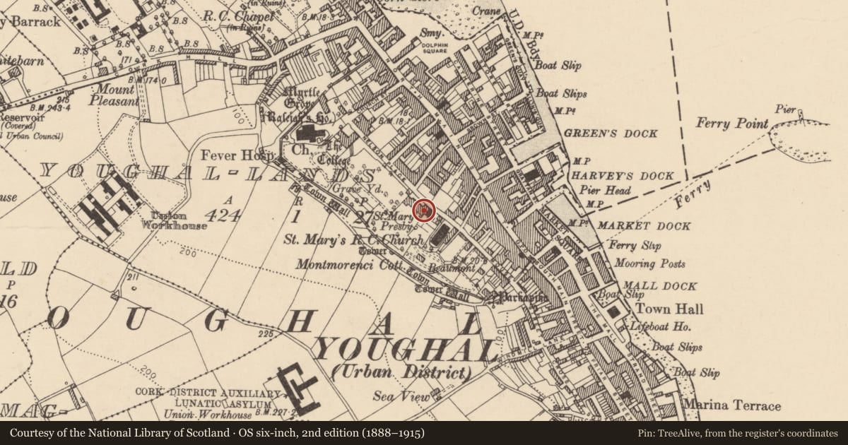 Ordnance Survey six-inch map, 2nd edition (1888–1915) covering the location of Meeting-house, Youghal-Lands, County Cork, with a pin at the register's coordinates