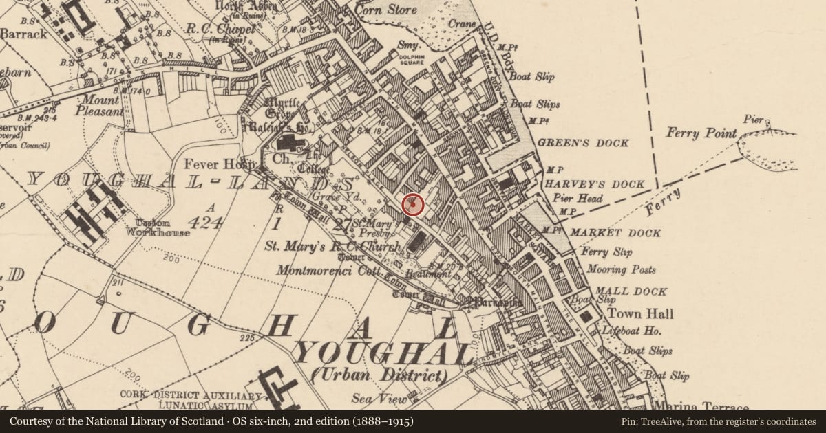 Ordnance Survey six-inch map, 2nd edition (1888–1915) covering the location of House - 16th/17th century, Youghal-Lands, County Cork, with a pin at the register's coordinates