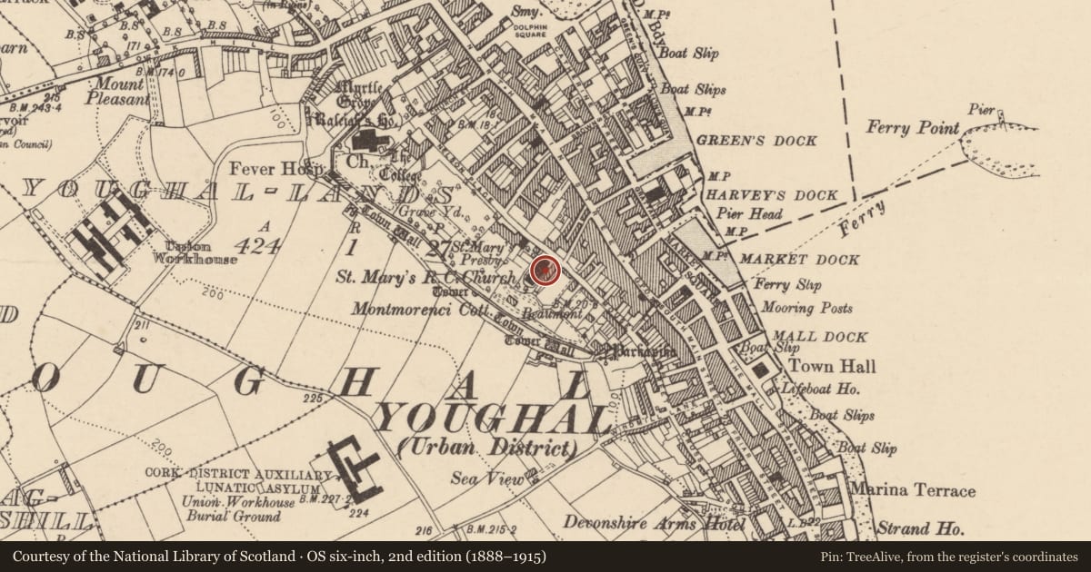 Ordnance Survey six-inch map, 2nd edition (1888–1915) covering the location of House - 16th/17th century, Youghal-Lands, County Cork, with a pin at the register's coordinates