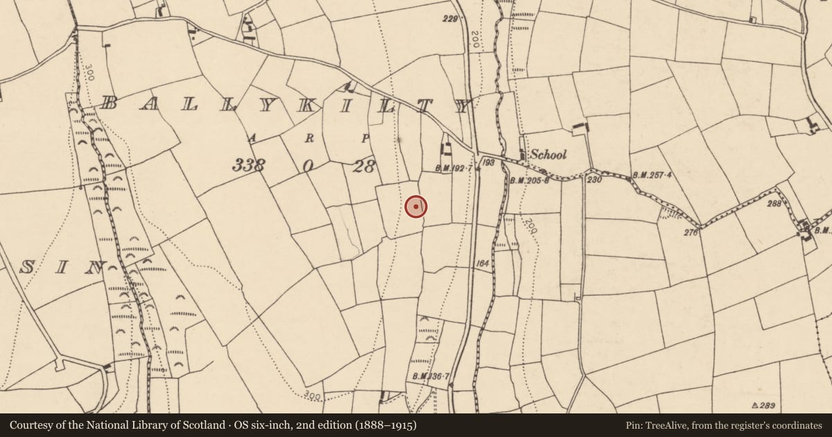 Ordnance Survey six-inch map, 2nd edition (1888–1915) covering the location of Souterrain, Ballykilty, County Cork, with a pin at the register's coordinates