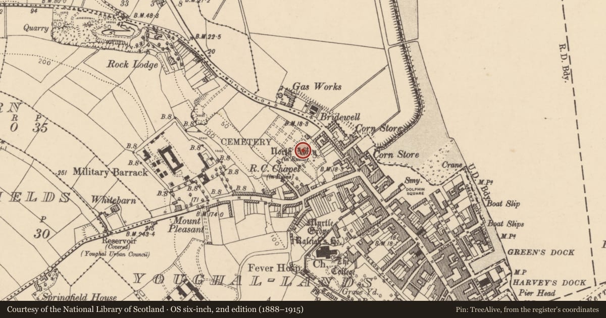 Ordnance Survey six-inch map, 2nd edition (1888–1915) covering the location of Church, Youghal-Lands, County Cork, with a pin at the register's coordinates
