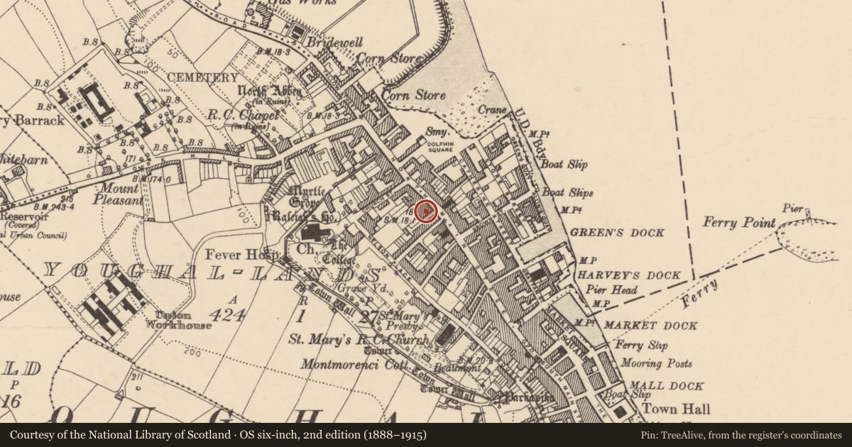 Ordnance Survey six-inch map, 2nd edition (1888–1915) covering the location of Market-house, Youghal-Lands, County Cork, with a pin at the register's coordinates