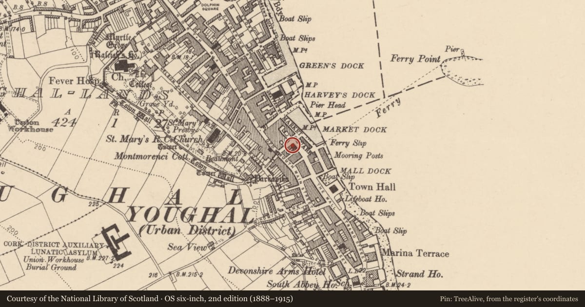 Ordnance Survey six-inch map, 2nd edition (1888–1915) covering the location of Market-house, Youghal-Lands, County Cork, with a pin at the register's coordinates