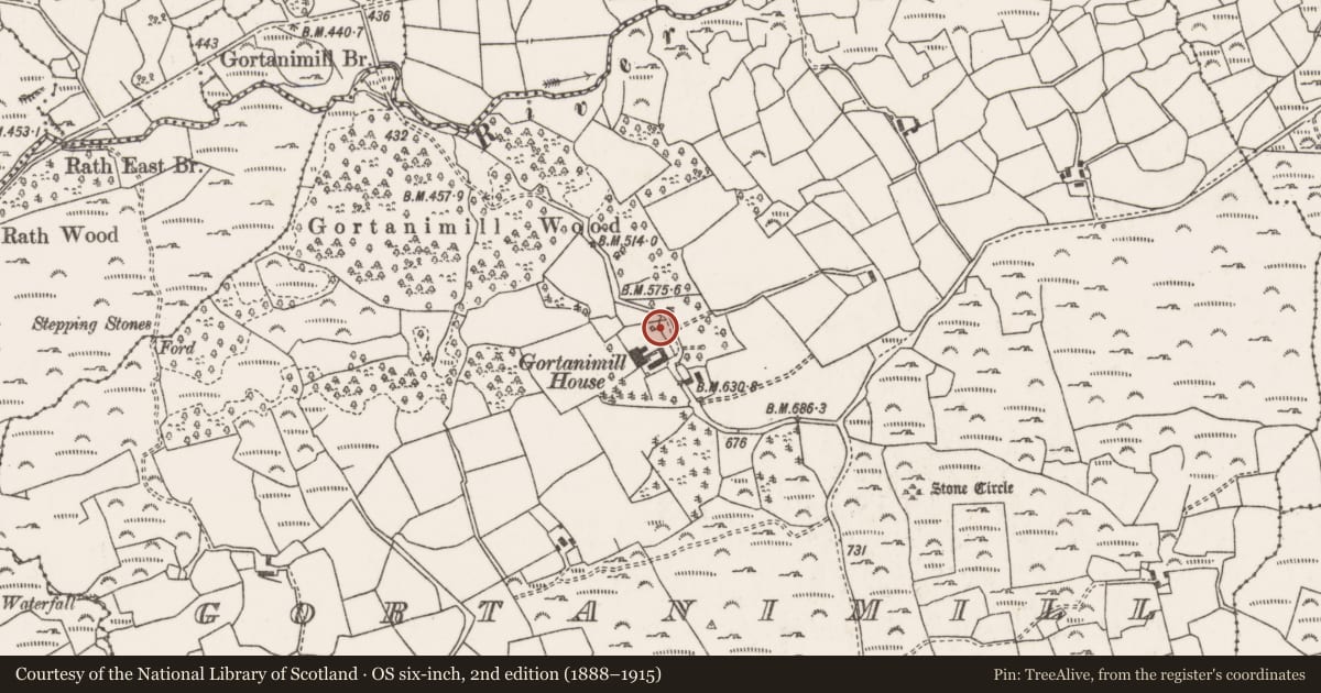 Ordnance Survey six-inch map, 2nd edition (1888–1915) covering the location of Designed landscape - belvedere, Gort An Imill, County Cork, with a pin at the register's coordinates