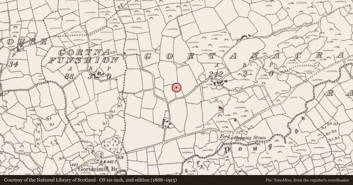 Ordnance Survey six-inch map, 2nd edition (1888–1915) covering the location of Fulacht fia, Gort An Acra, County Cork, with a pin at the register's coordinates