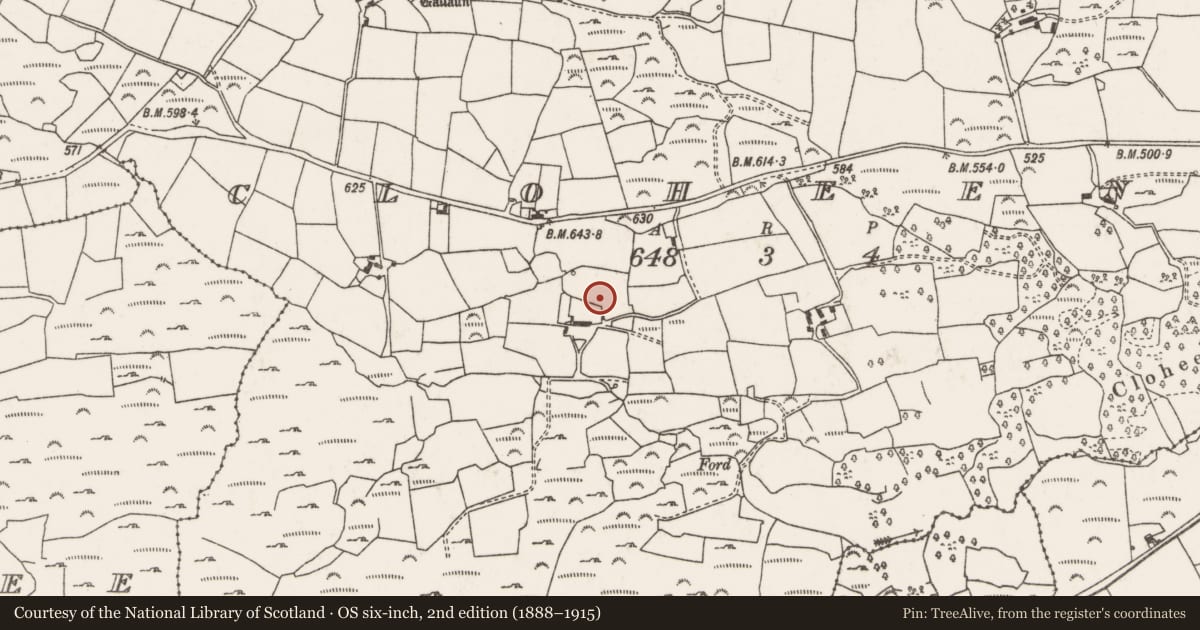 Ordnance Survey six-inch map, 2nd edition (1888–1915) covering the location of Burial ground, Cloch Eidhneach, County Cork, with a pin at the register's coordinates