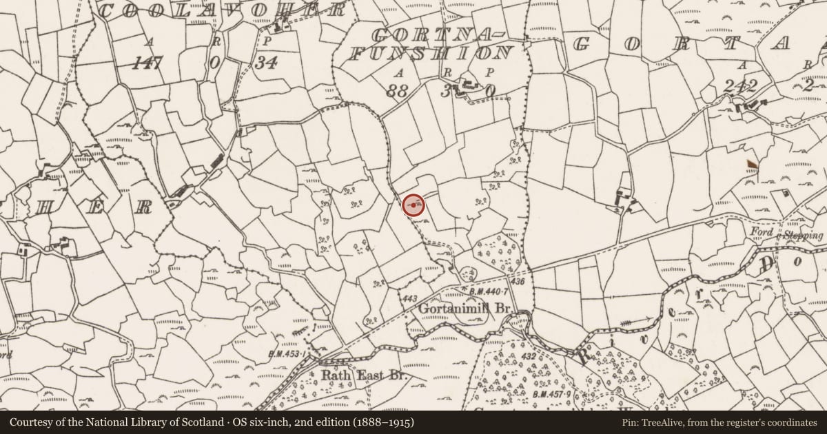 Ordnance Survey six-inch map, 2nd edition (1888–1915) covering the location of Mass-rock, Gort Na Fuinseann, County Cork, with a pin at the register's coordinates