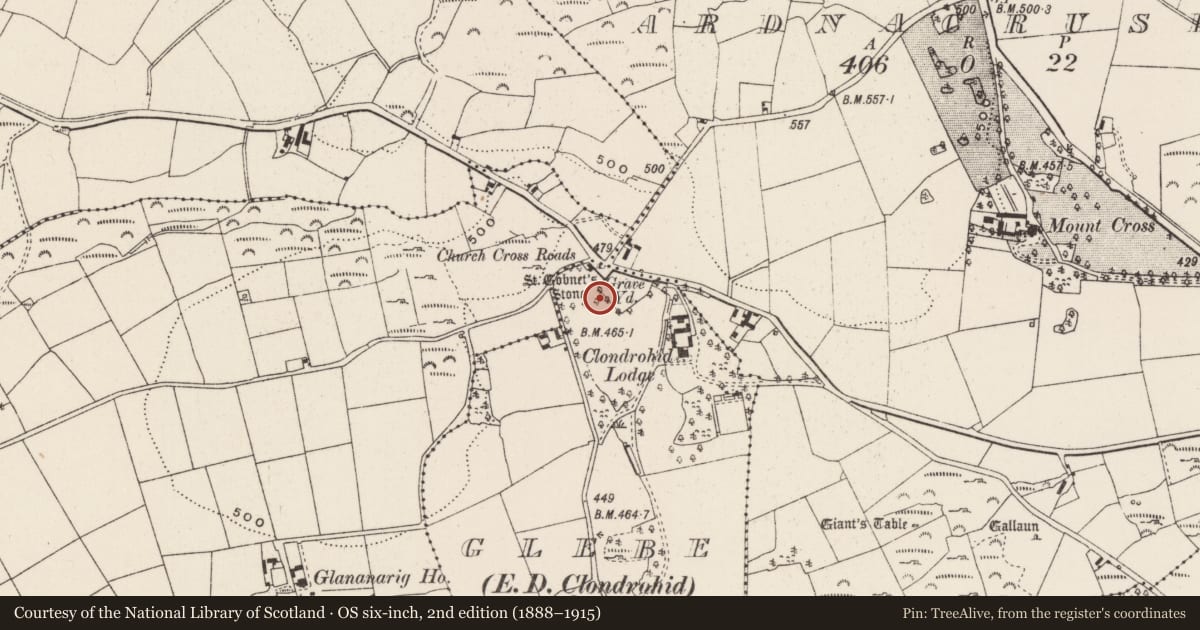Ordnance Survey six-inch map, 2nd edition (1888–1915) covering the location of Bullaun stone, Glebe (Muskerry West By., Clondrohid Par.), County Cork, with a pin at the register's coordinates