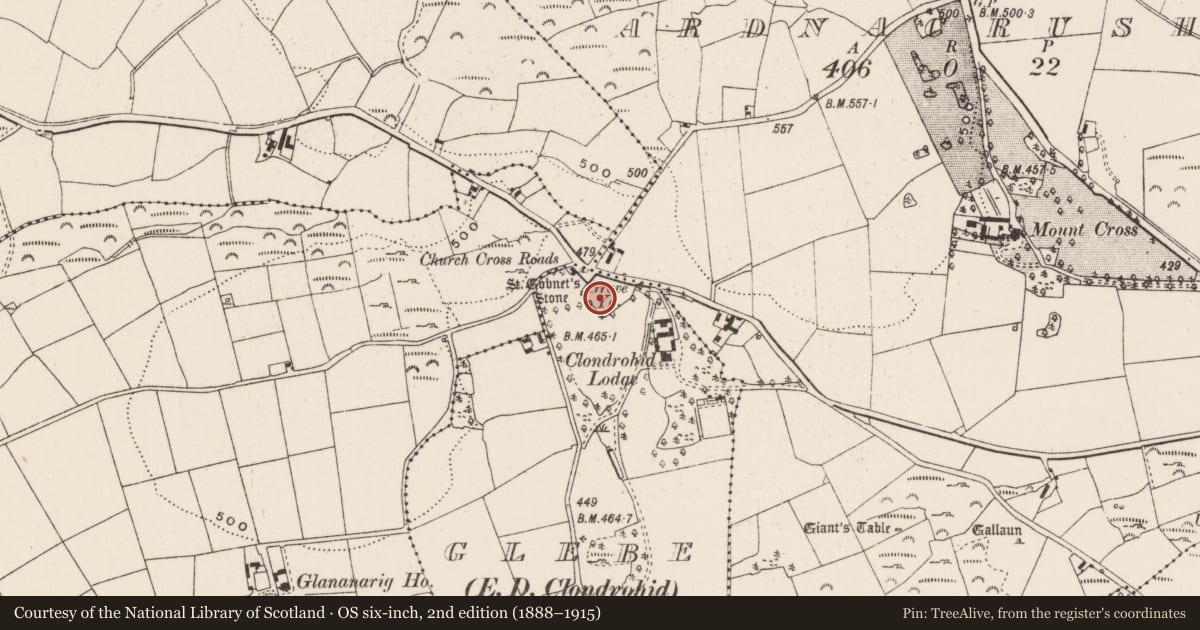 Ordnance Survey six-inch map, 2nd edition (1888–1915) covering the location of Graveyard, Glebe (Muskerry West By., Clondrohid Par.), County Cork, with a pin at the register's coordinates