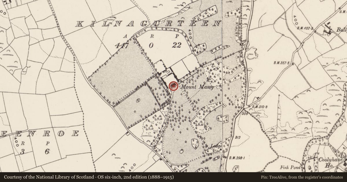 Ordnance Survey six-inch map, 2nd edition (1888–1915) covering the location of Country house, Kilnagurteen, County Cork, with a pin at the register's coordinates