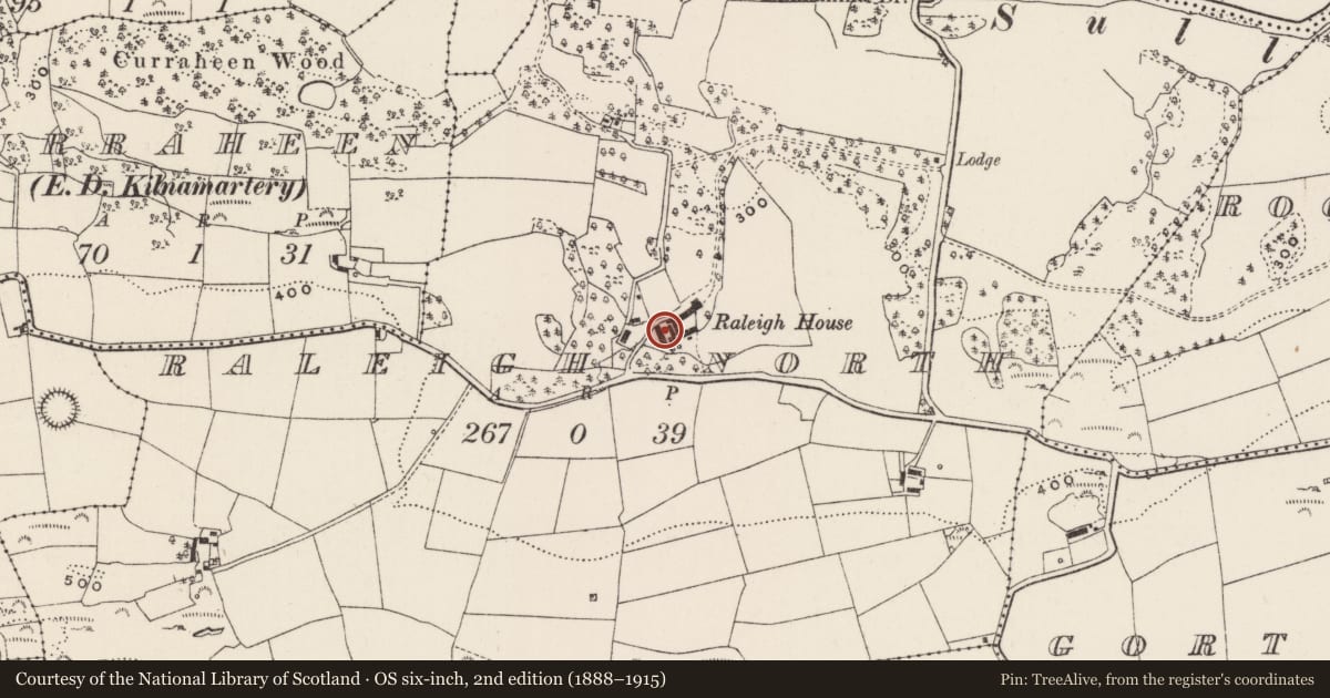Ordnance Survey six-inch map, 2nd edition (1888–1915) covering the location of Country house, Raleigh North, County Cork, with a pin at the register's coordinates