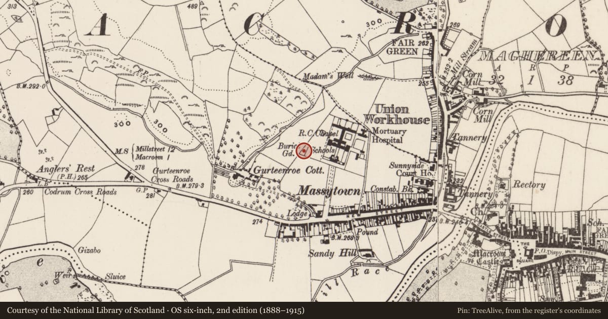 Ordnance Survey six-inch map, 2nd edition (1888–1915) covering the location of Burial ground, Gurteenroe, County Cork, with a pin at the register's coordinates