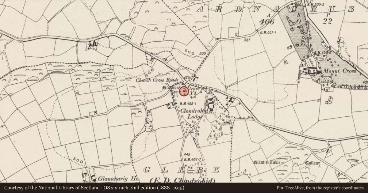 Ordnance Survey six-inch map, 2nd edition (1888–1915) covering the location of Bullaun stone, Glebe (Muskerry West By., Clondrohid Par.), County Cork, with a pin at the register's coordinates