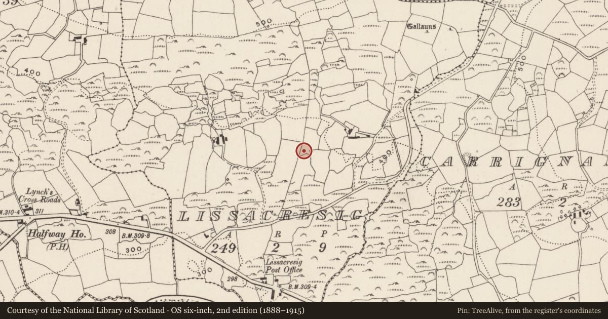 Ordnance Survey six-inch map, 2nd edition (1888–1915) covering the location of Souterrain, Lissacresig, County Cork, with a pin at the register's coordinates