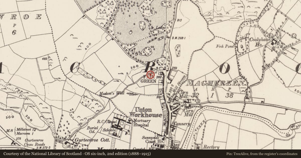 Ordnance Survey six-inch map, 2nd edition (1888–1915) covering the location of Souterrain, Kilnagurteen, County Cork, with a pin at the register's coordinates