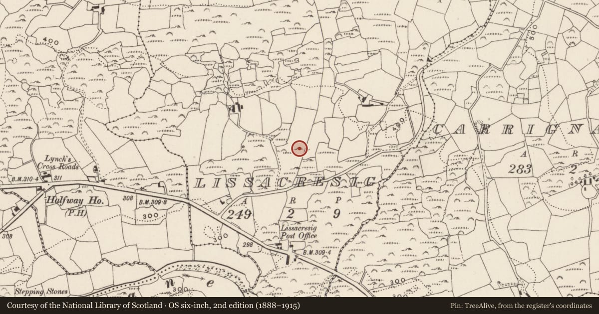 Ordnance Survey six-inch map, 2nd edition (1888–1915) covering the location of Souterrain, Lissacresig, County Cork, with a pin at the register's coordinates