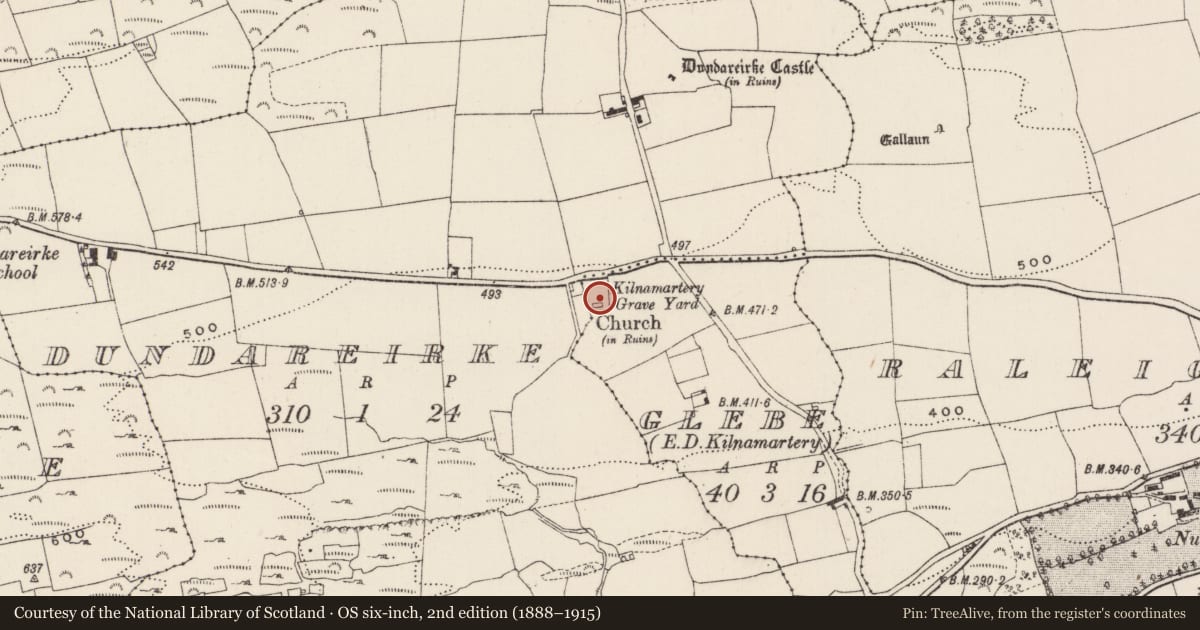 Ordnance Survey six-inch map, 2nd edition (1888–1915) covering the location of Bullaun stone, Glebe (Muskerry West By., Kilnamartery Par.), County Cork, with a pin at the register's coordinates