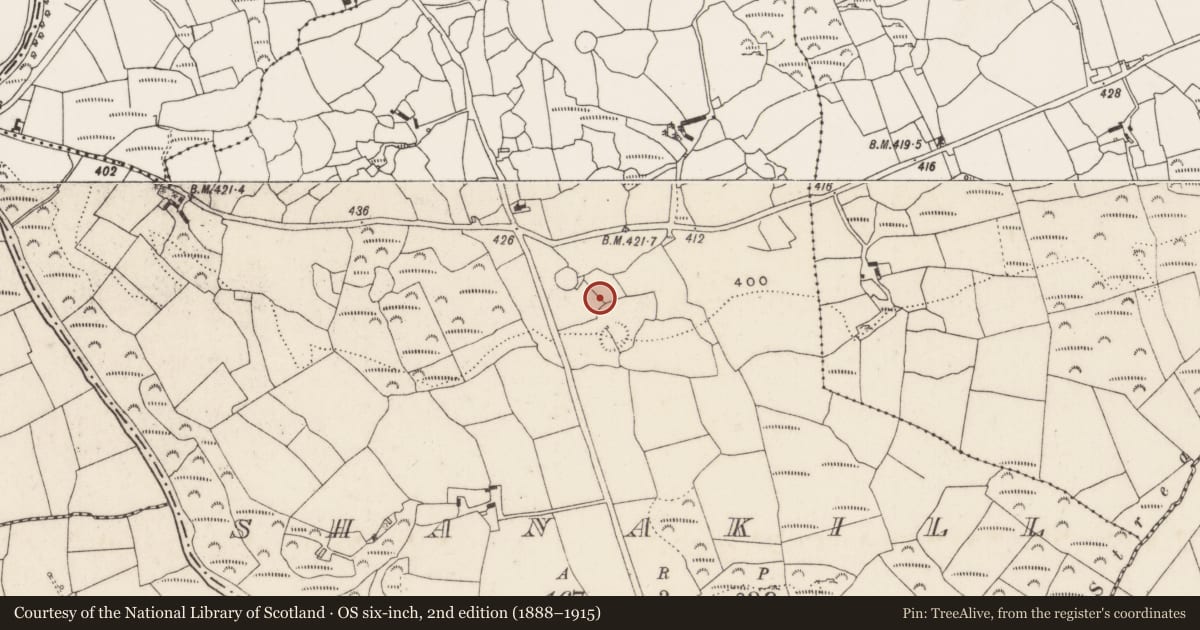 Ordnance Survey six-inch map, 2nd edition (1888–1915) covering the location of Hut site, Shanakill, County Cork, with a pin at the register's coordinates