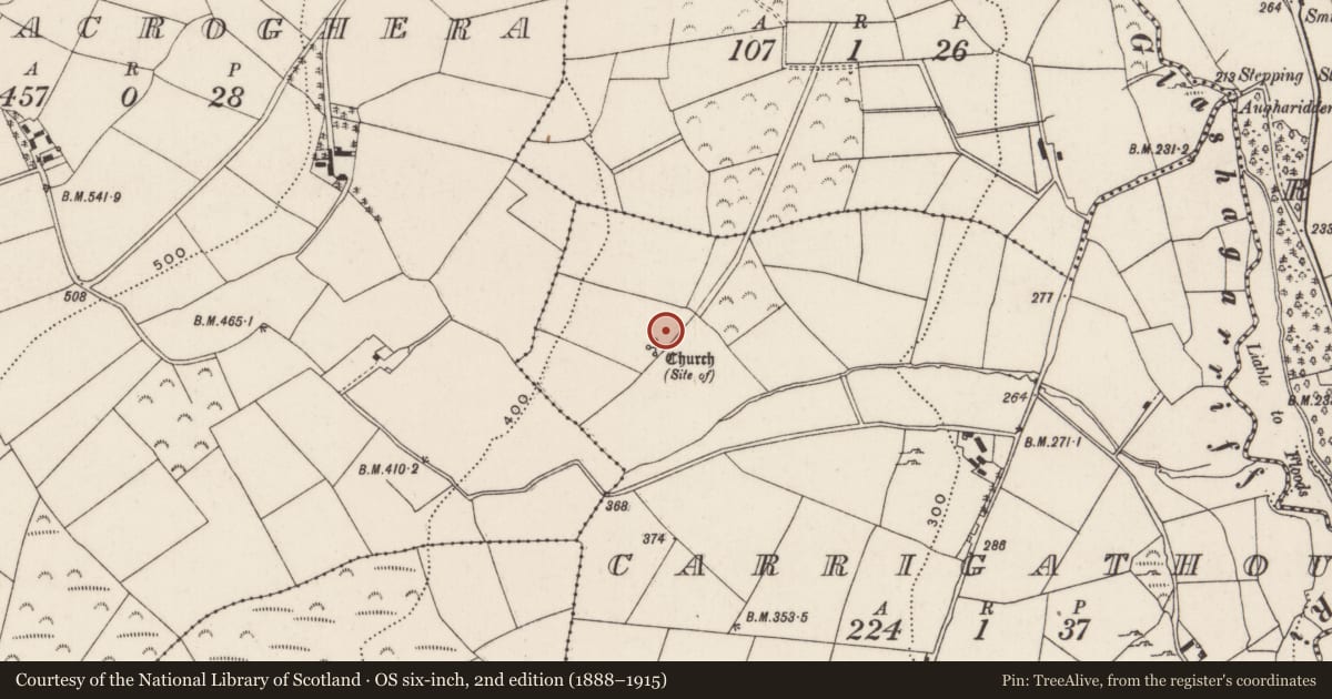 Ordnance Survey six-inch map, 2nd edition (1888–1915) covering the location of Burial ground, Carrigathou, County Cork, with a pin at the register's coordinates