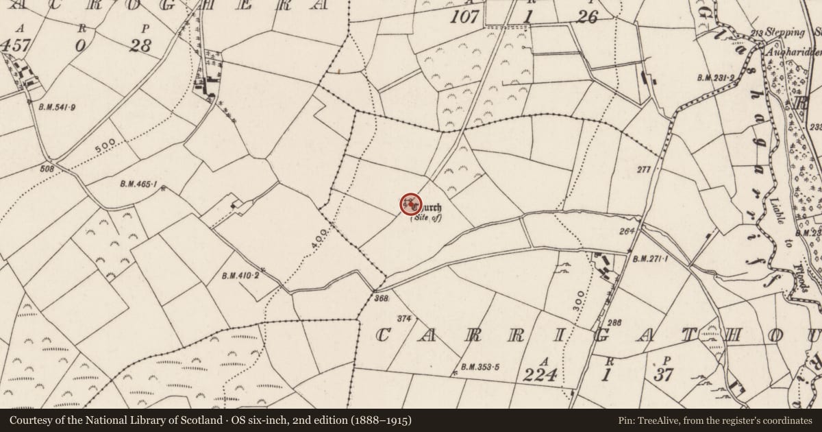 Ordnance Survey six-inch map, 2nd edition (1888–1915) covering the location of Bullaun stone, Carrigathou, County Cork, with a pin at the register's coordinates