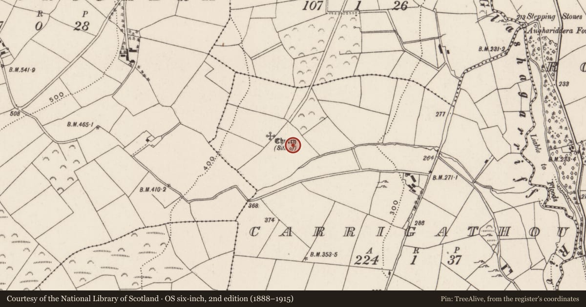 Ordnance Survey six-inch map, 2nd edition (1888–1915) covering the location of Fulacht fia, Carrigathou, County Cork, with a pin at the register's coordinates