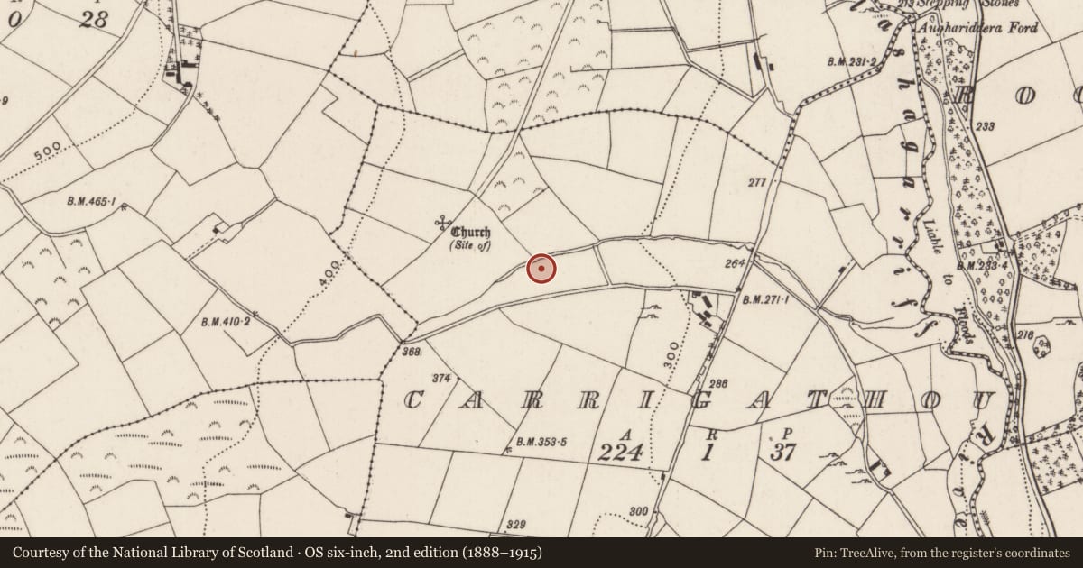 Ordnance Survey six-inch map, 2nd edition (1888–1915) covering the location of Fulacht fia, Carrigathou, County Cork, with a pin at the register's coordinates