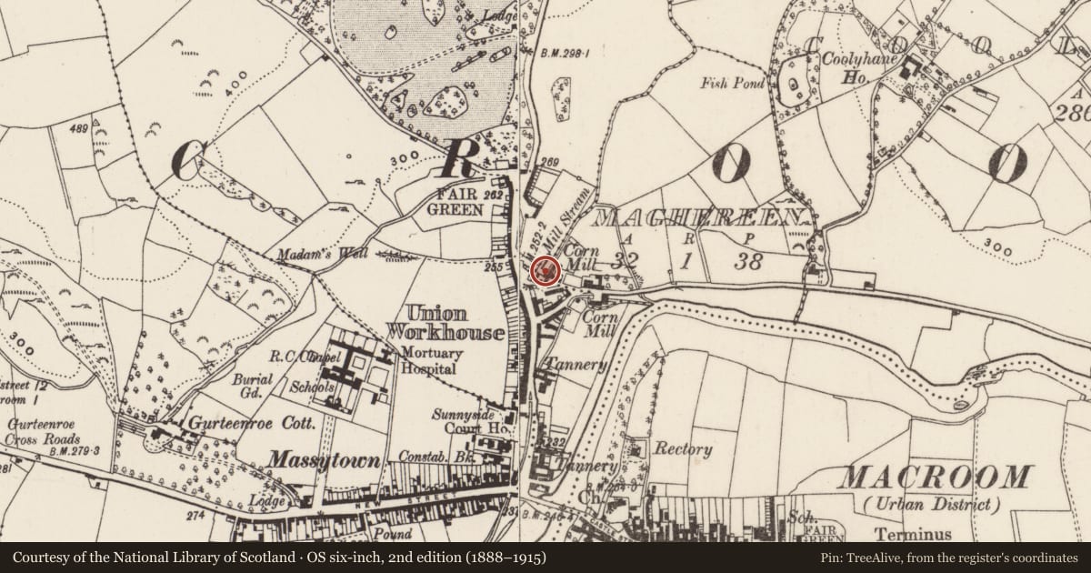 Ordnance Survey six-inch map, 2nd edition (1888–1915) covering the location of Mill - corn, Maghereen, County Cork, with a pin at the register's coordinates