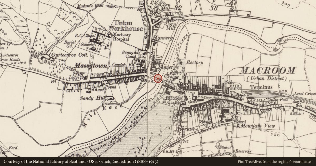 Ordnance Survey six-inch map, 2nd edition (1888–1915) covering the location of Bridge, Gurteenroe, Sleveen East, County Cork, with a pin at the register's coordinates