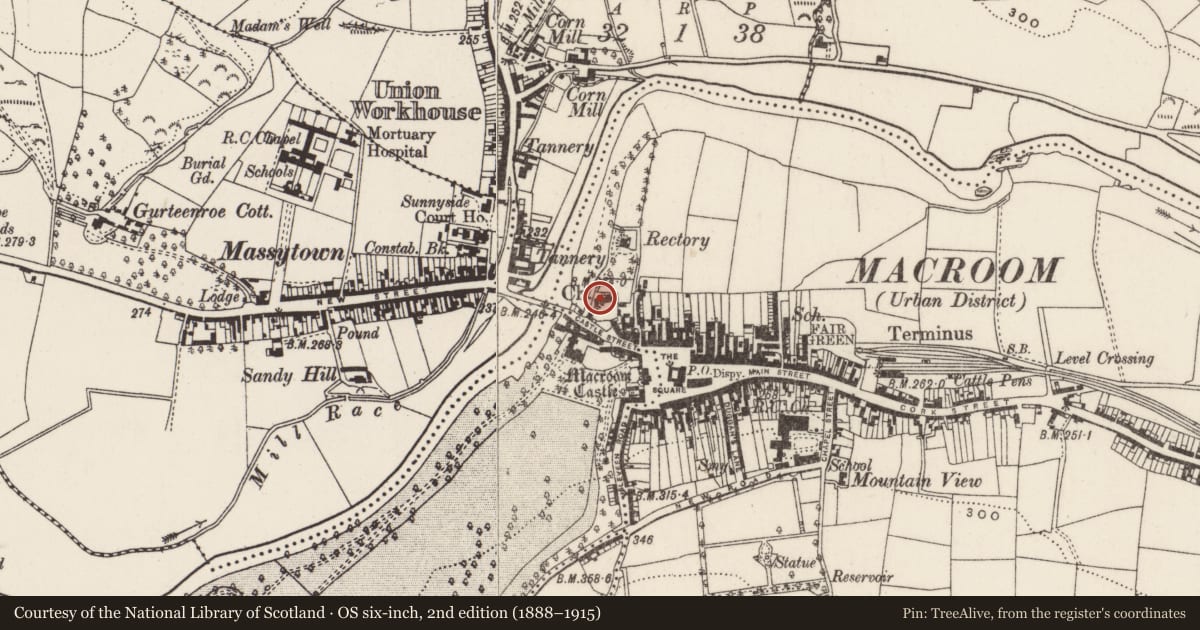 Ordnance Survey six-inch map, 2nd edition (1888–1915) covering the location of Church, Sleveen East, County Cork, with a pin at the register's coordinates