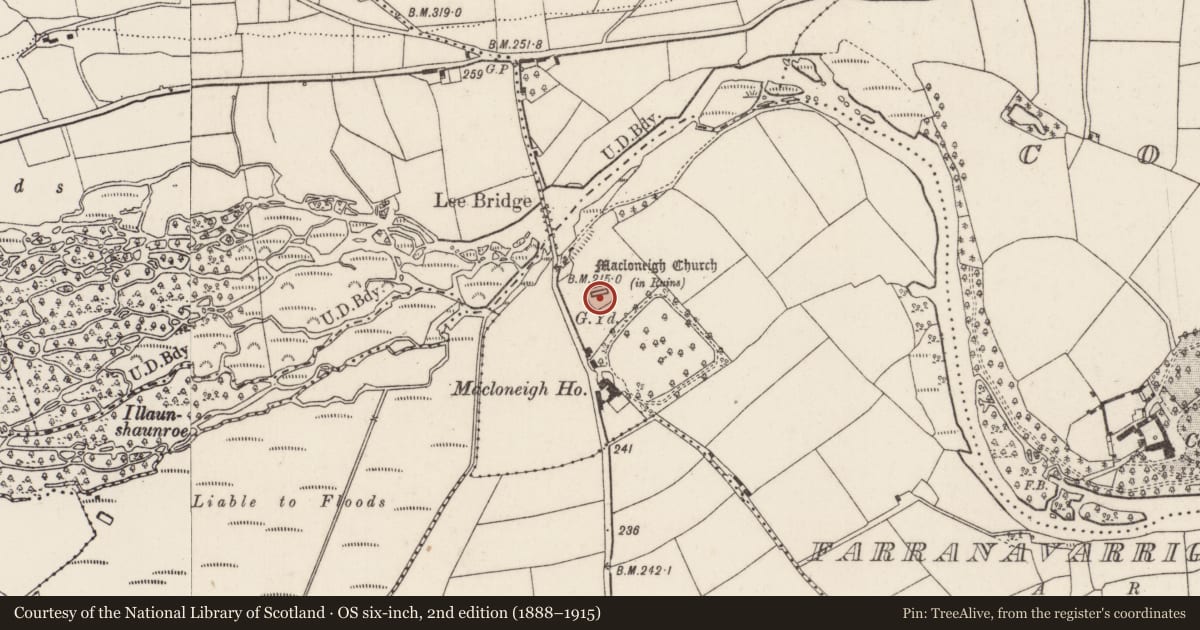Ordnance Survey six-inch map, 2nd edition (1888–1915) covering the location of Graveyard, Farranavarrigane, County Cork, with a pin at the register's coordinates